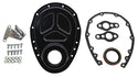 1955-95 CHEVY SMALL BLOCK 283-305-327-350-400 STEEL TIMING CHAIN COVER SET W- TIMING TAB - BLACK