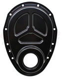 1955-95 CHEVY SMALL BLOCK 283-305-327-350-400 STEEL TIMING CHAIN COVER SET W- TIMING TAB - BLACK