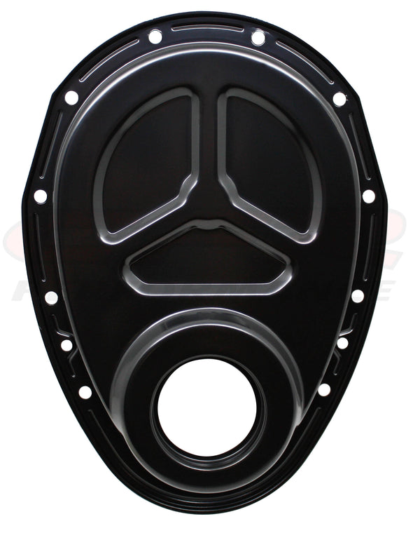 1955-95 CHEVY SMALL BLOCK 283-305-327-350-400 STEEL TIMING CHAIN COVER SET W- TIMING TAB - BLACK
