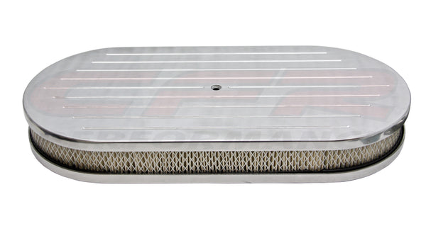 CHEVY FORD MOPAR 19" OVAL POLISHED ALUMINUM (DUAL QUAD) AIR CLEANER - BALL MILLED - WITH PAPER FILTER