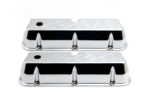 ALUMINUM 1962–85 FORD SB 289–302–351W 5.0 TALL VALVE COVERS – FLAMED DESIGN – CHROME