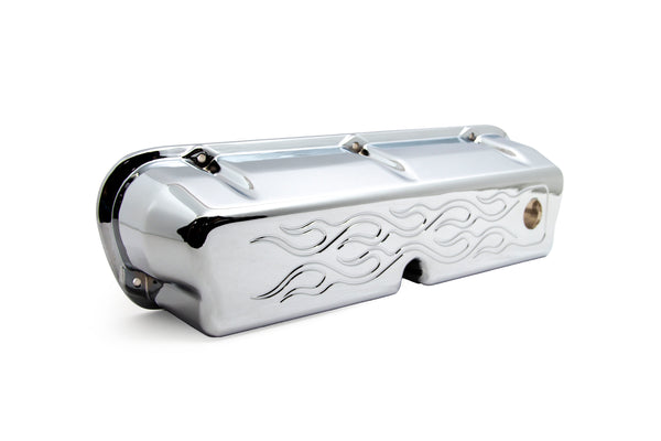 ALUMINUM 1962–85 FORD SB 289–302–351W 5.0 TALL VALVE COVERS – FLAMED DESIGN – CHROME