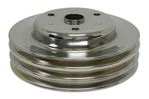 Steel Chevy Small Block Crankshaft Pulley – 3 Groove, Long Water Pump, Black Chrome (1969–1985)