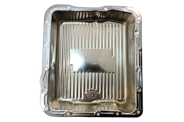 Steel Transmission Pan – Fits GM 700R4 / 4L60E / 4L65E – Finned – Chrome