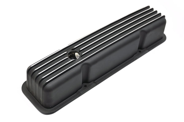 ALUMINUM 1958–86 CHEVY SB 283–400 TALL VALVE COVERS – FULL FINNED – BLACK
