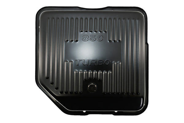 Steel Transmission Pan – Fits Chevy/GM TH-350 Turbo – Stamped "350 Turbo" Logo – Black