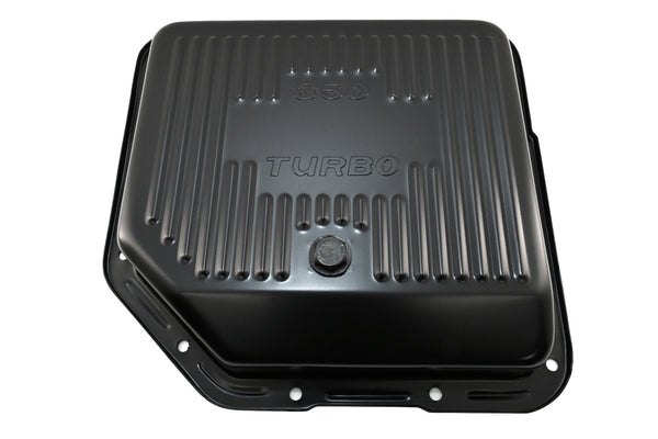 Steel Transmission Pan – Fits Chevy/GM TH-350 Turbo – Stamped "350 Turbo" Logo – Black