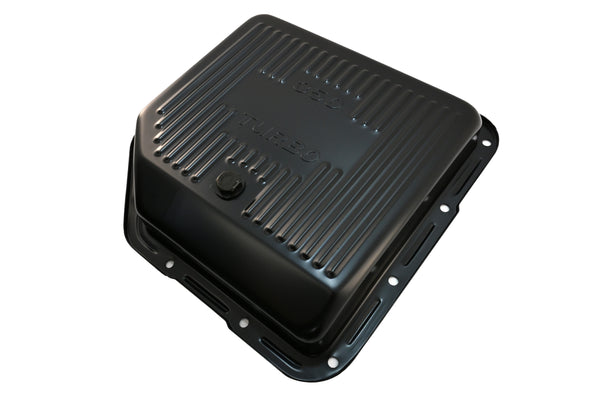 Steel Transmission Pan – Fits Chevy/GM TH-350 Turbo – Stamped "350 Turbo" Logo – Black