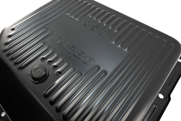 Steel Transmission Pan – Fits Chevy/GM TH-350 Turbo – Stamped "350 Turbo" Logo – Black