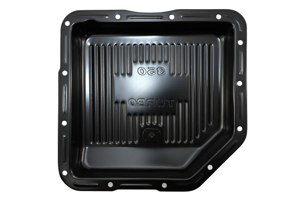 Steel Transmission Pan – Fits Chevy/GM TH-350 Turbo – Stamped "350 Turbo" Logo – Black