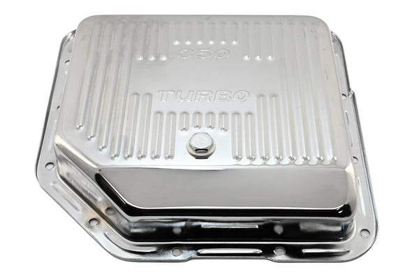 Steel Transmission Pan – Fits Chevy/GM TH-350 Turbo – Stamped "350 Turbo" Logo – Chrome