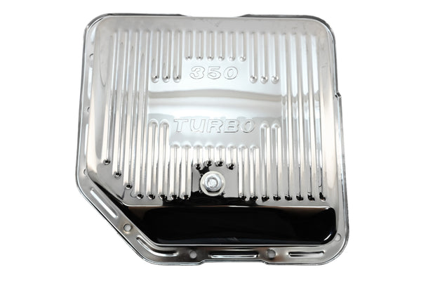 Steel Transmission Pan – Fits Chevy/GM TH-350 Turbo – Stamped "350 Turbo" Logo – Chrome