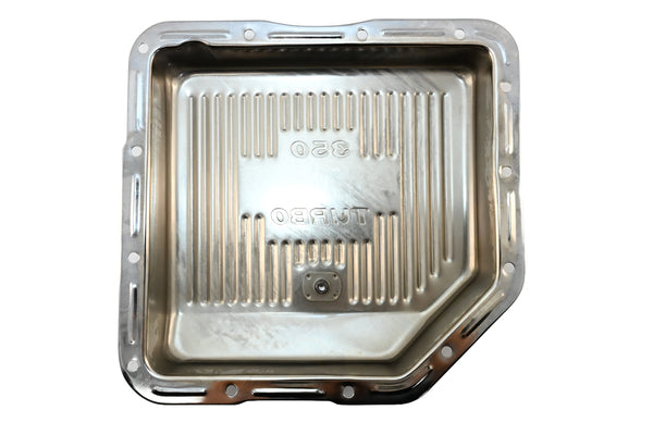 Steel Transmission Pan – Fits Chevy/GM TH-350 Turbo – Stamped "350 Turbo" Logo – Chrome