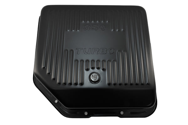 Steel Transmission Pan – Fits Chevy/GM TH-350 Turbo – Deep Sump – Stamped "350 Turbo" Logo – Black