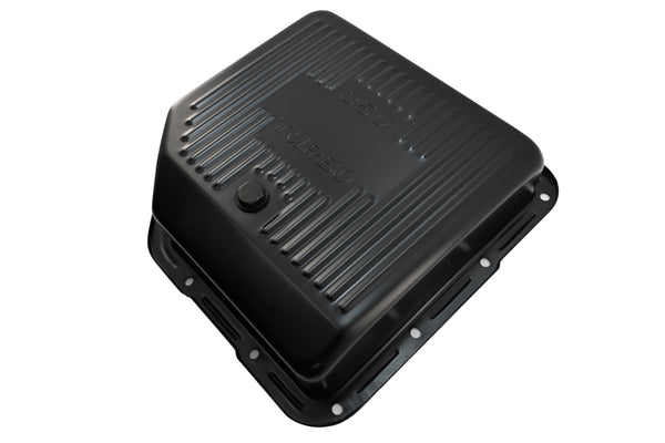 Steel Transmission Pan – Fits Chevy/GM TH-350 Turbo – Deep Sump – Stamped "350 Turbo" Logo – Black