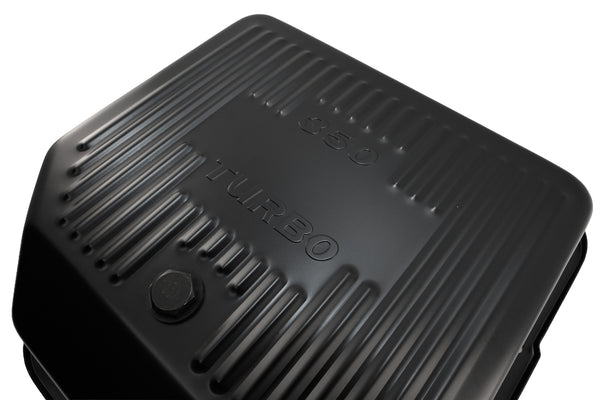 Steel Transmission Pan – Fits Chevy/GM TH-350 Turbo – Deep Sump – Stamped "350 Turbo" Logo – Black
