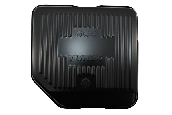 Steel Transmission Pan – Fits Chevy/GM TH-350 Turbo – Deep Sump – Stamped "350 Turbo" Logo – Black