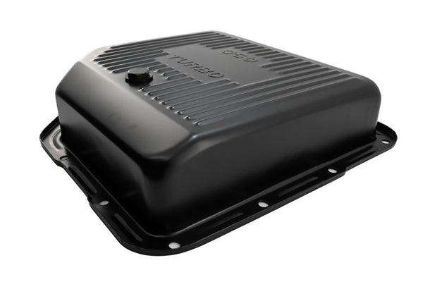 Steel Transmission Pan – Fits Chevy/GM TH-350 Turbo – Deep Sump – Stamped "350 Turbo" Logo – Black