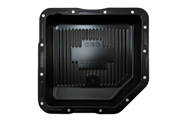 Steel Transmission Pan – Fits Chevy/GM TH-350 Turbo – Deep Sump – Stamped "350 Turbo" Logo – Black
