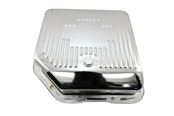 Steel Transmission Pan – Fits Chevy/GM TH-350 Turbo – Deep Sump – Stamped "350 Turbo" Logo – Chrome