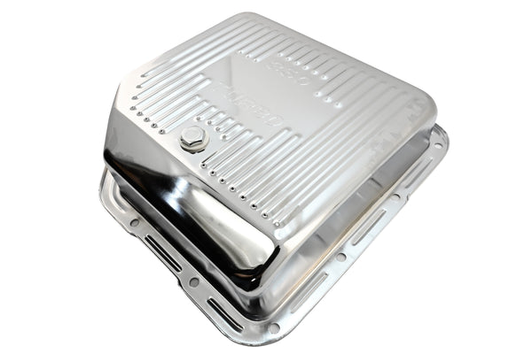 Steel Transmission Pan – Fits Chevy/GM TH-350 Turbo – Deep Sump – Stamped "350 Turbo" Logo – Chrome