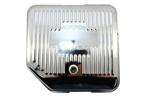 Steel Transmission Pan – Fits Chevy/GM TH-350 Turbo – Deep Sump – Stamped "350 Turbo" Logo – Chrome