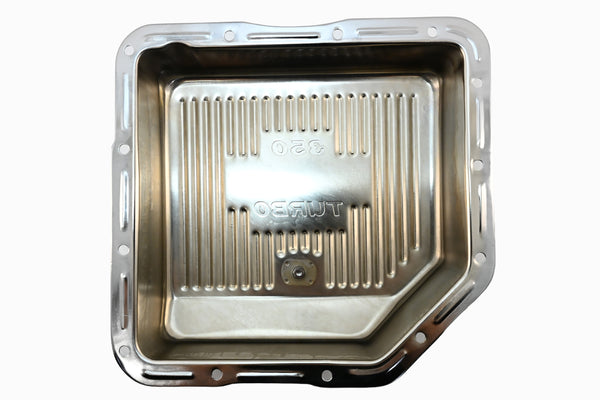 Steel Transmission Pan – Fits Chevy/GM TH-350 Turbo – Deep Sump – Stamped "350 Turbo" Logo – Chrome