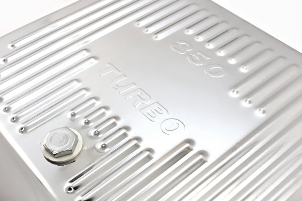 Steel Transmission Pan – Fits Chevy/GM TH-350 Turbo – Deep Sump – Stamped "350 Turbo" Logo – Chrome