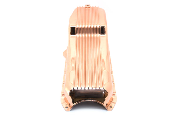 1958-79 CHEVY SMALL BLOCK 262-267-283-305-327-350-400 ALUMINUM STOCK CAPACITY OIL PAN - RETRO FINNED - COPPER