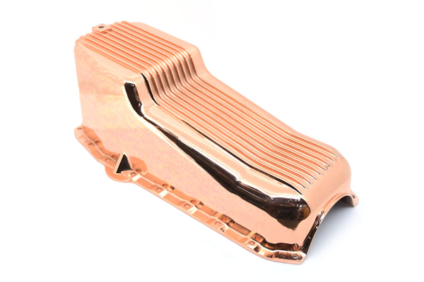 1958-79 CHEVY SMALL BLOCK 262-267-283-305-327-350-400 ALUMINUM STOCK CAPACITY OIL PAN - RETRO FINNED - COPPER