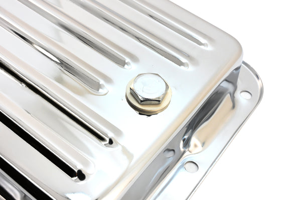 Steel Transmission Pan Fits Ford C4 – Stock Capacity – Pan Fill Style – Chrome