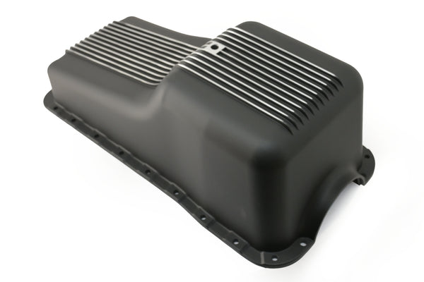 Black Aluminum Finned Baffled Oil Pan – 1965–1987 Ford SB 260-289-302 – Front Sump