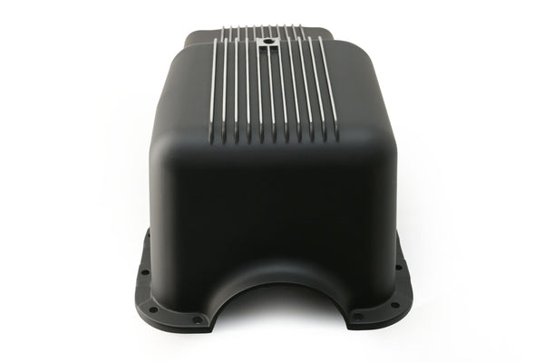 Black Aluminum Finned Baffled Oil Pan – 1965–1987 Ford SB 260-289-302 – Front Sump