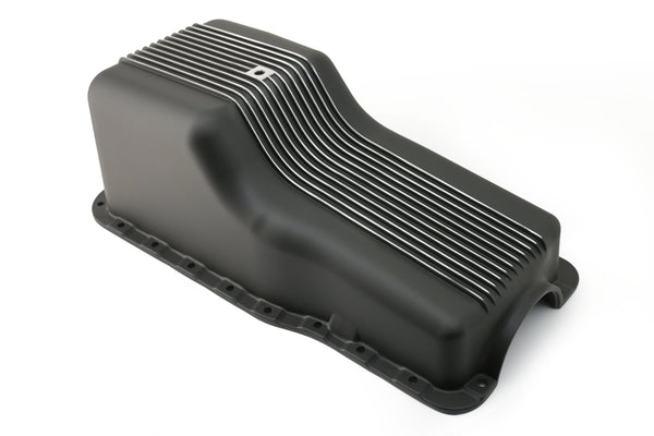 Black Aluminum Finned Baffled Oil Pan – 1965–1987 Ford SB 260-289-302 – Front Sump