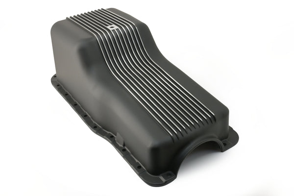 Black Aluminum Finned Baffled Oil Pan – 1965–1987 Ford SB 260-289-302 – Front Sump