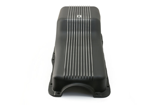 Black Aluminum Finned Baffled Oil Pan – 1965–1987 Ford SB 260-289-302 – Front Sump