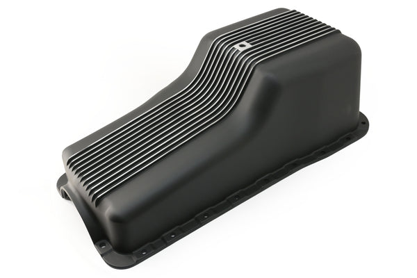 Black Aluminum Finned Baffled Oil Pan – 1965–1987 Ford SB 260-289-302 – Front Sump