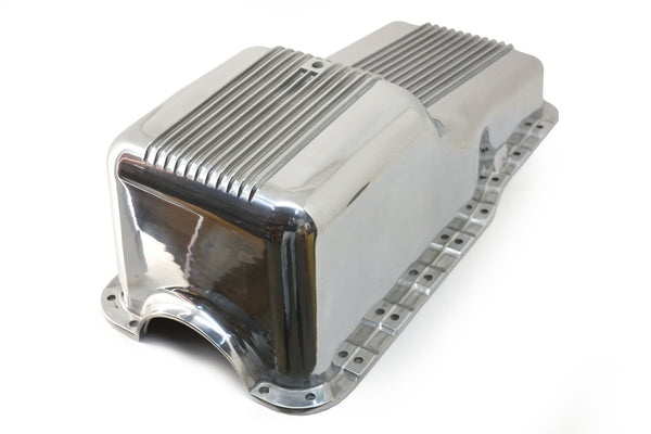 Polished Aluminum Finned Baffled Oil Pan – 1965–1987 Ford SB 260-289-302 – Front Sump