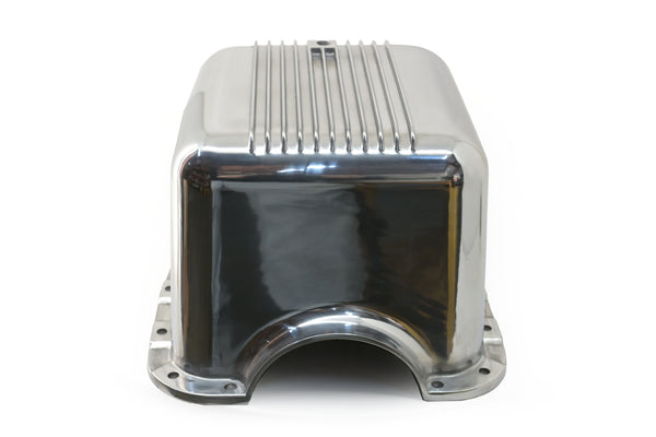 Polished Aluminum Finned Baffled Oil Pan – 1965–1987 Ford SB 260-289-302 – Front Sump