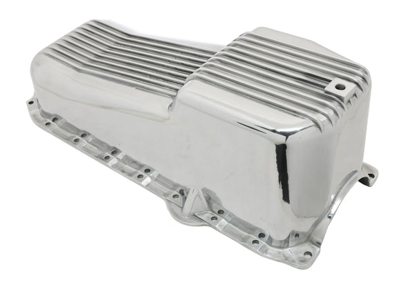 ALUMINUM 1986–02 CHEVY SB 262–400 STOCK CAPACITY OIL PAN – RETRO FINNED – BAFFLED – POLISHED