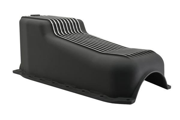 ALUMINUM 1986–02 CHEVY SB 262–400 STOCK CAPACITY OIL PAN – RETRO FINNED – BAFFLED – BLACK