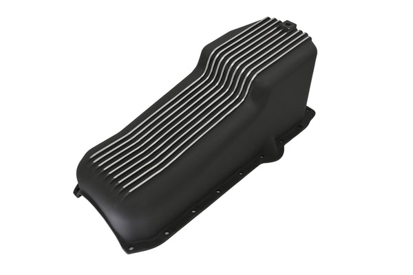 ALUMINUM 1986–02 CHEVY SB 262–400 STOCK CAPACITY OIL PAN – RETRO FINNED – BAFFLED – BLACK