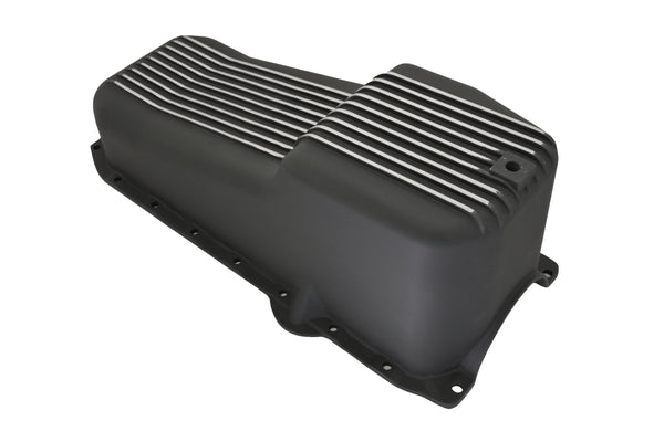 ALUMINUM 1986–02 CHEVY SB 262–400 STOCK CAPACITY OIL PAN – RETRO FINNED – BAFFLED – BLACK
