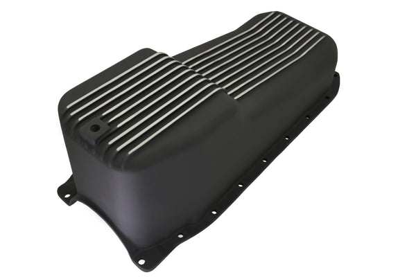 ALUMINUM 1986–02 CHEVY SB 262–400 STOCK CAPACITY OIL PAN – RETRO FINNED – BAFFLED – BLACK