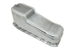 ALUMINUM 1980-85 CHEVY SB 262-400 STOCK CAPACITY OIL PAN - RETRO POLISHED FINNED BAFFLED - POLISHED