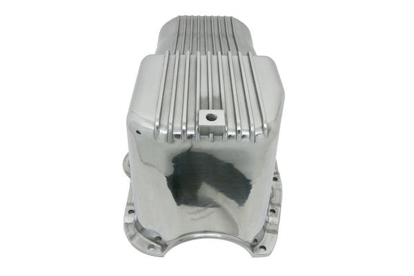 ALUMINUM 1980-85 CHEVY SB 262-400 STOCK CAPACITY OIL PAN - RETRO POLISHED FINNED BAFFLED - POLISHED