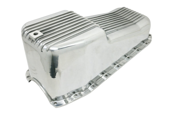ALUMINUM 1980-85 CHEVY SB 262-400 STOCK CAPACITY OIL PAN - RETRO POLISHED FINNED BAFFLED - POLISHED