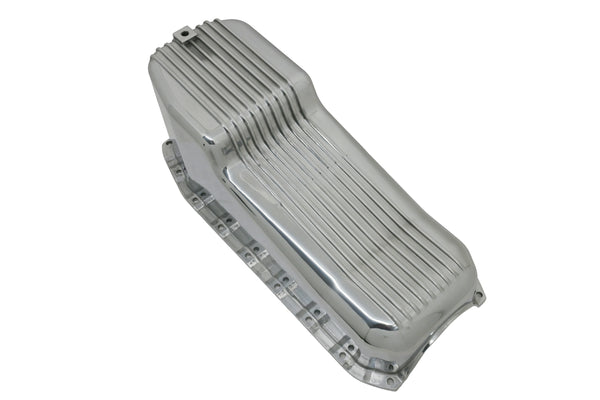 ALUMINUM 1980-85 CHEVY SB 262-400 STOCK CAPACITY OIL PAN - RETRO POLISHED FINNED BAFFLED - POLISHED