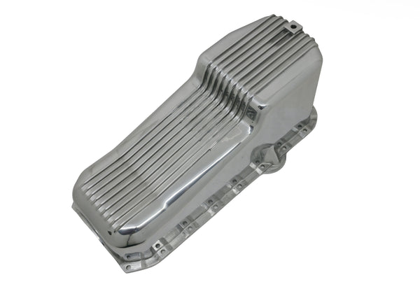 ALUMINUM 1980-85 CHEVY SB 262-400 STOCK CAPACITY OIL PAN - RETRO POLISHED FINNED BAFFLED - POLISHED