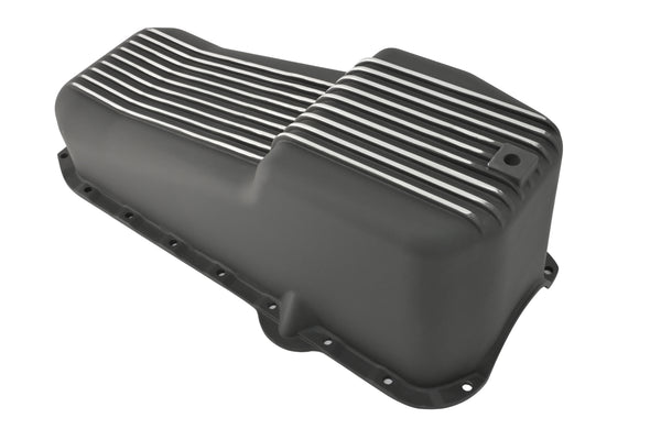 ALUMINUM 1980-85 CHEVY SB 262-400 STOCK CAPACITY OIL PAN - RETRO POLISHED FINNED BAFFLED - BLACK